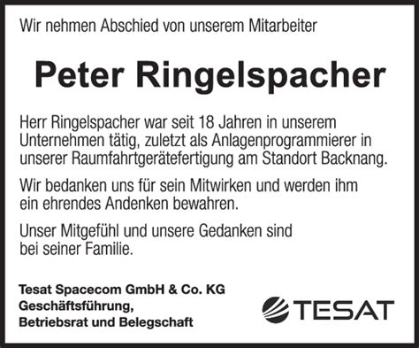 Trauer Peter Ringelspacher 08 07 2023 Teckbote Trauerportal