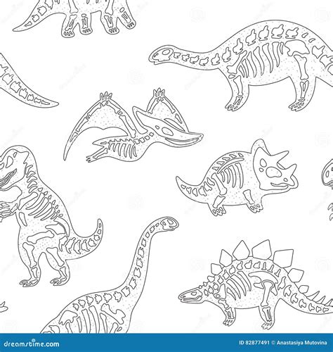 Fossil Dinosaurs Skeletons Buried Snails Shells Cartoon Vector