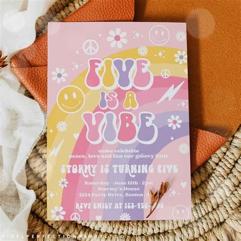 Editable Five Is A Vibe Groovy Birthday Party Invitation Peace Etsy