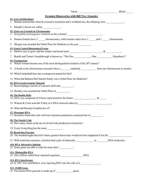 Bill Nye Genetics Video Worksheet Answers Printable Word Searches