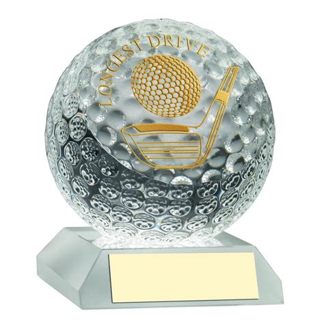 Clear glass golf ball trophy. LD & NTP. Engraved with your logo & text.