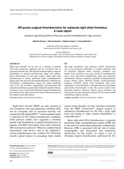 Pdf Off Pump Surgical Thrombectomy For Subacute Right Atrial Thrombus