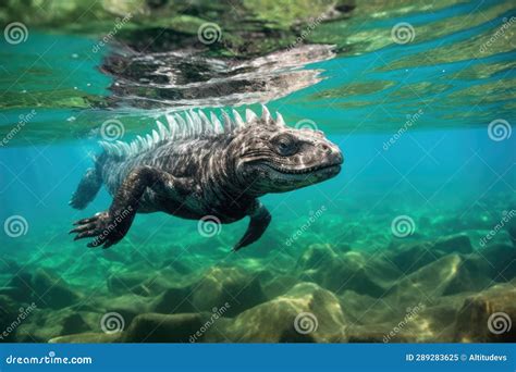 Marine Iguana Diving Deep In Crystal Clear Water Stock Image Image Of