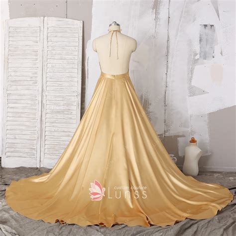 Shiny Silk Like Gold Satin Ruched Halter Prom Gown Lunss