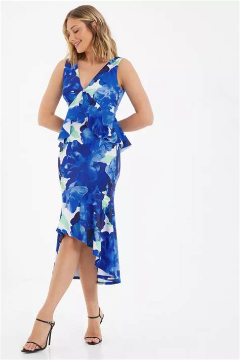 Royal Blue Floral Frill Midi Dress Quiz Clothing