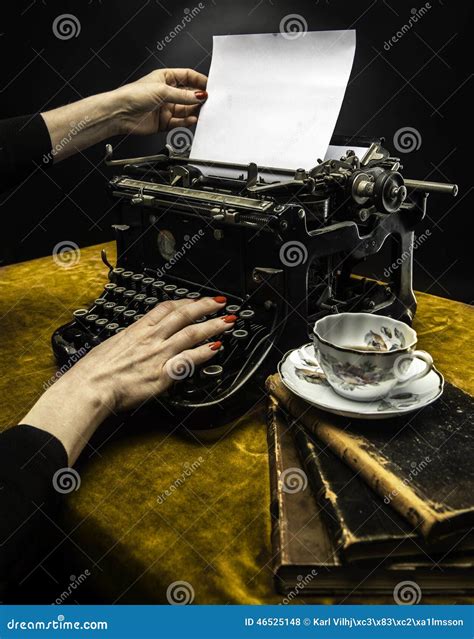 Woman Typing On A Old Typewriter Stock Photo Image Of Desaturated