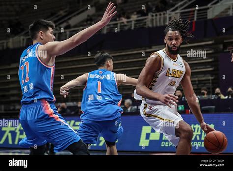 Shenyang 2nd Mar 2022 Jahlil Okafor R Of Zhejiang Lions Competes