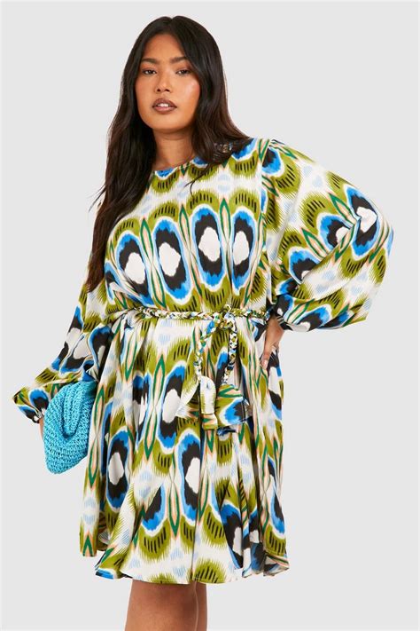 Plus Bright Geo Print Godet Mini Dress Boohoo Uk