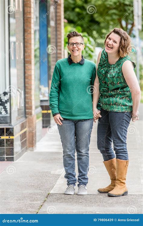 Joyful Lesbian Couple Standing Outdoors Stock Image Image Of European Glbtq 79806439