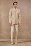 Buy Beige Georgette Gsm Hand Embroidery Floral Bandhgala Set For Men