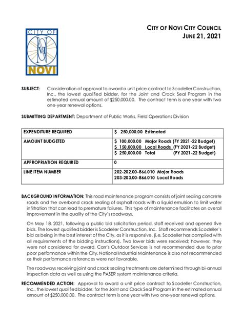 Fillable Online Consideration Of Approval To Award A Unit Price