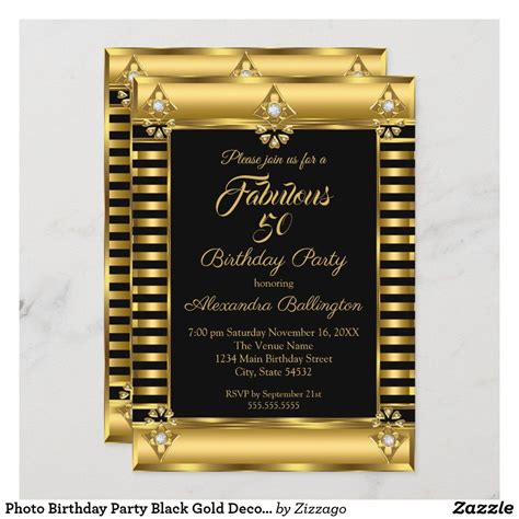 Photo Birthday Party Black Gold Deco Stripe Invitation Zazzle In 2024