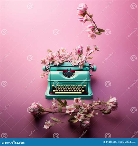 Vintage Typewriter With Spring Flowers On A Pink Background Stock