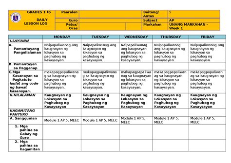 DLL Q1 AP W1 DLL FOR WEEK 1 GRADES 1 To 12 DAILY LESSON LOG