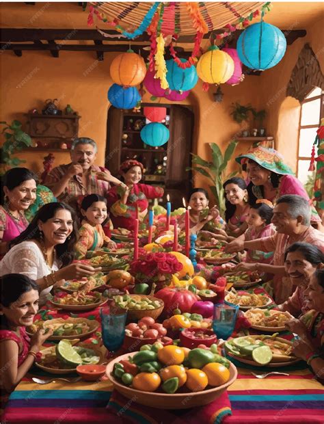 Mexican family gathering around a traditional dinner table surrounded