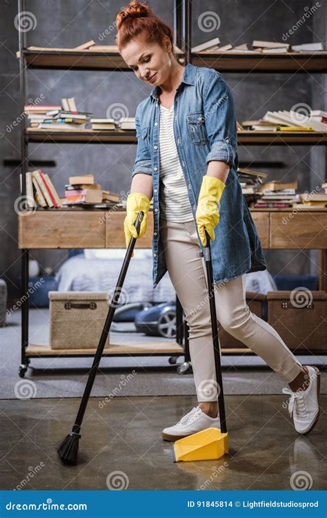 Woman Sweeping Floor Stock Photo Image Of Beautiful 91845814