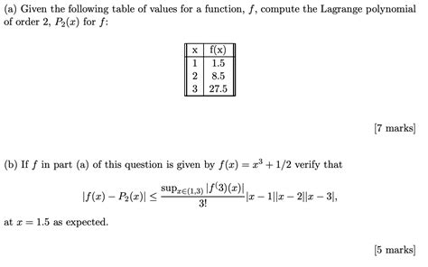 Solved (a) Given the following table of values for a | Chegg.com 