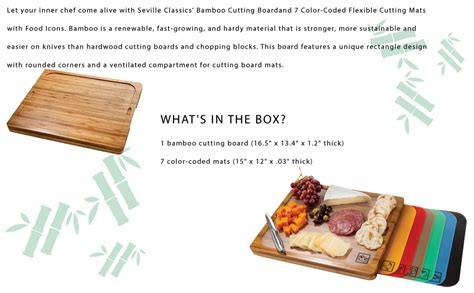 Seville Classics Bamboo Cutting Board With 7 Colour Coded Chopping Mats