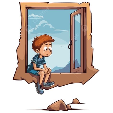 Menino Solitário Clipart Está Sentado Uma Janela Através Do Desenho