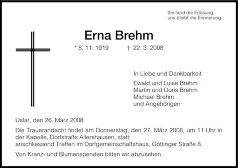 Traueranzeigen Von Erna Brehm Trauer HNA De