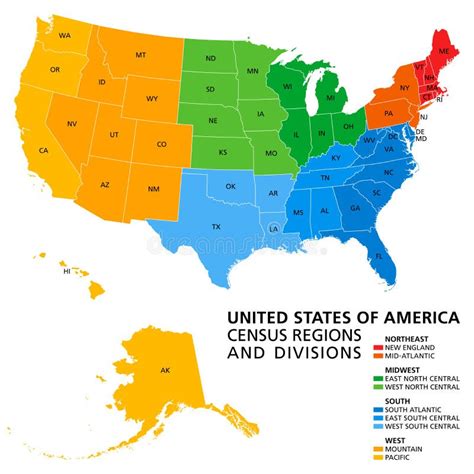 United States Census Regions And Divisions Political Map Stock Vector