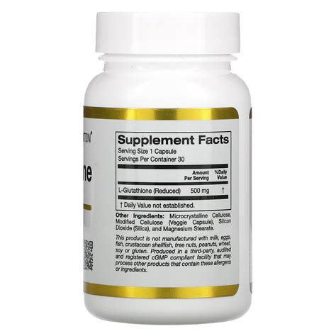 California Gold Nutrition L Glutathione Reduced 500 Mg 30 Veggie