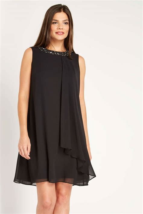 Embellished Neck Chiffon Dress In Black Roman Originals Uk