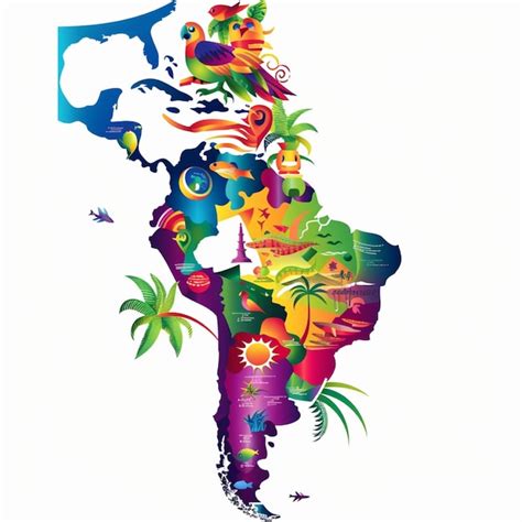 Mapa ilustrado da América Latina ícones culturais representando cada país imagem Premium