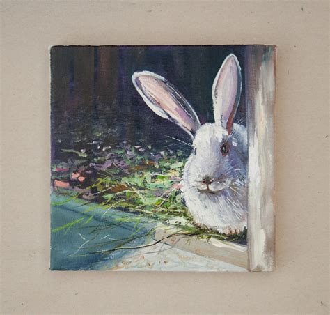 White Rabbit Oil Painting Original Art Small Animal Painting Little