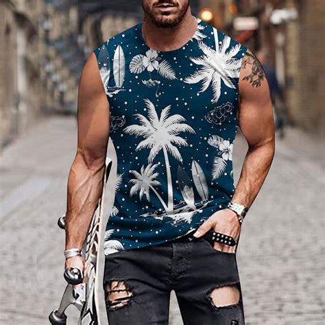 Echfiprom Sleeveless Sports Shirts Men Navy Tank Tops Round Neck Tropical Hawaiian Palm Tree