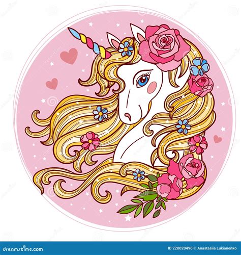 Cabeza De Unicornio Con Melena Larga Y Rosas Ilustración Vectorial Ilustración Del Vector