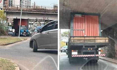 Carreta fica presa embaixo de viaduto e complica trânsito em Nova Lima