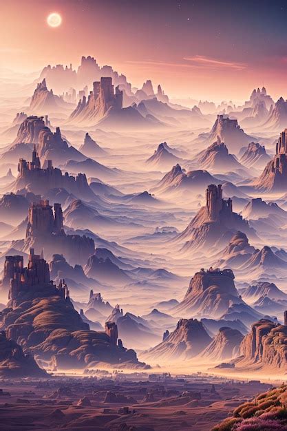 Premium AI Image | A painting of a mountain range with a purple sky and a purple sky.