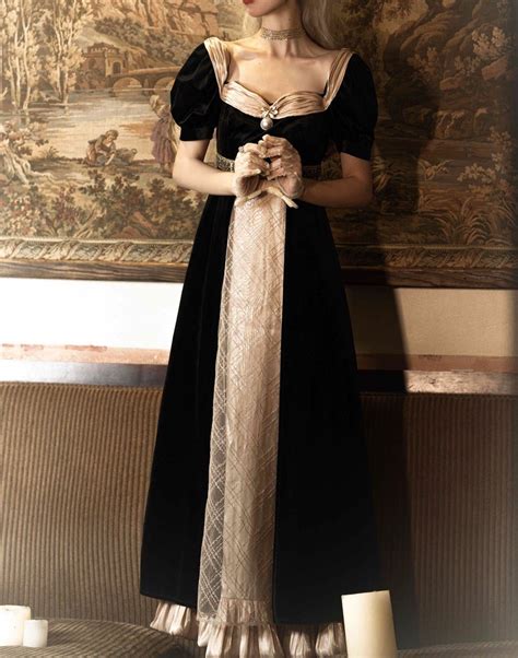 Bridgerton Inspired Regency Era Black Velvet Ball Gown Empire Waist