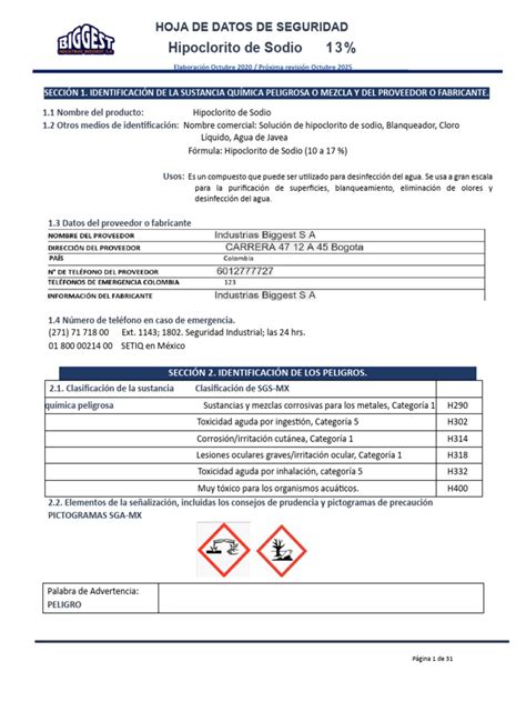 Hds Hipoclorito De Sodio 13 Pdf Agua Quemar