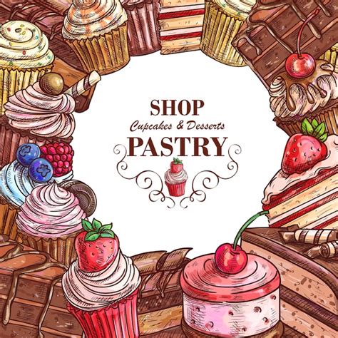 Premium Vector Vector Pastry Shop Sketch Desserts Cakes Poster