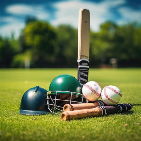 Premium Photo Cricket Equipments On Green Grass Ai Generative