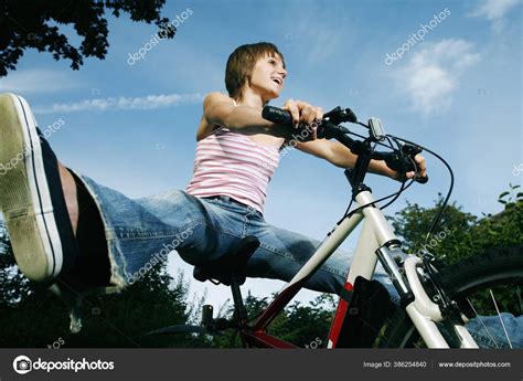 Teenage Girl Spreading Her Legs While Sitting Bicycle Stock Photo By