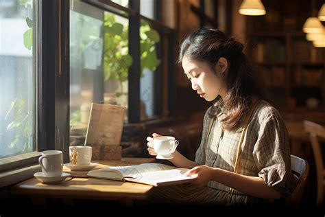 在咖啡厅读书的女士认真温馨图片 包图网