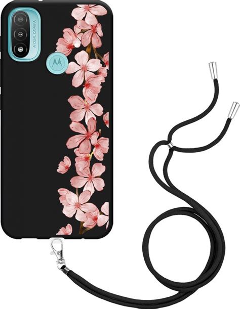 Motorola Moto E20 Hoesje Met Koord Zwart Flower Branch Designed By