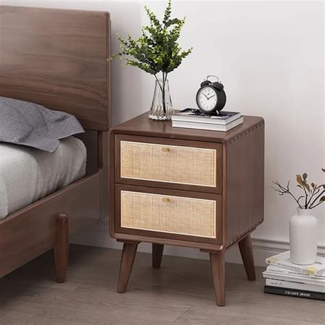 Japandi Walnut Rattan Nightstand Bedside Table With Drawers Homary