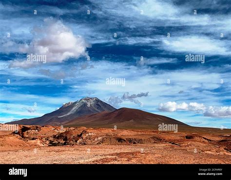 Scenic View On Ollague Volcano Massive Stratovolcano On Border Between