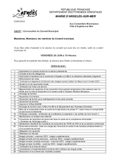 Ordre Du Jour Conseil Municipal Du 29 Juin 2023