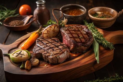 Bife suculento carne rara médio especiarias e legumes grelhados