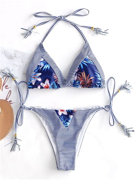 Tassel Striped String Bikini Set In Blue And White Zaful 2023