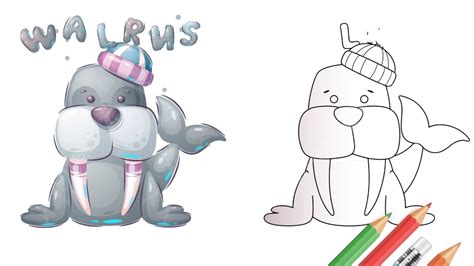 Cute Walrus Coloring Book For Kids And Children Vector Book Drawing