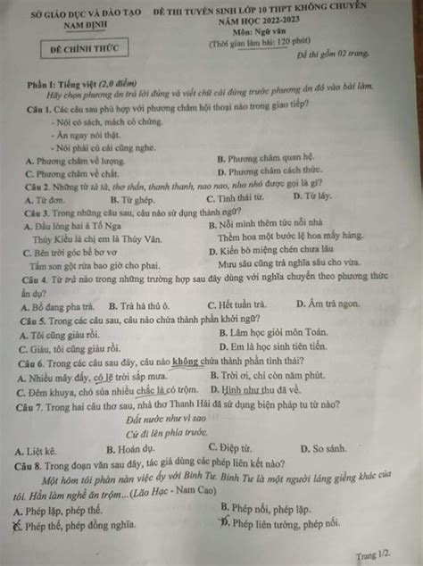 Đáp án đề Thi Vào Lớp 10 Môn Văn Tỉnh Nam Định Năm 2022