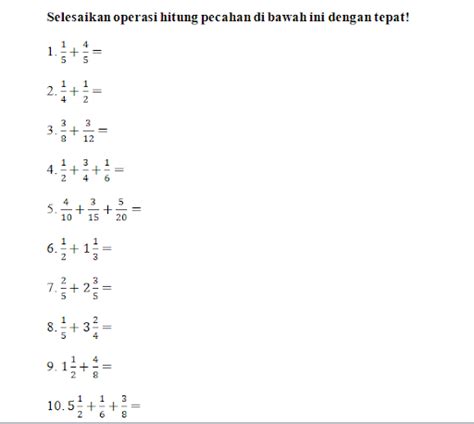 Latihan Soal Penjumlahan Dan Pengurangan Pecahan Kelas Lengkap Imagesee