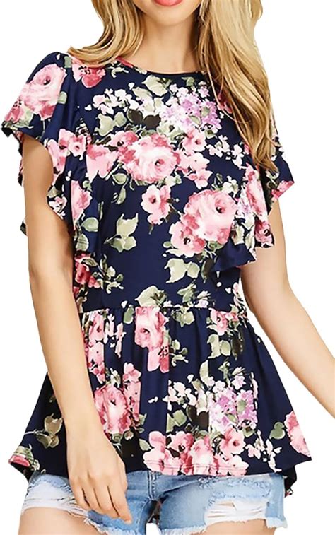 Damen Bluse Elegant Festliches Kurzarm Crew Neck Blumen Partei Shirt