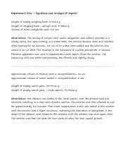 Synthesis And Analysis Of Aspirin Experimental Procedure And Course Hero